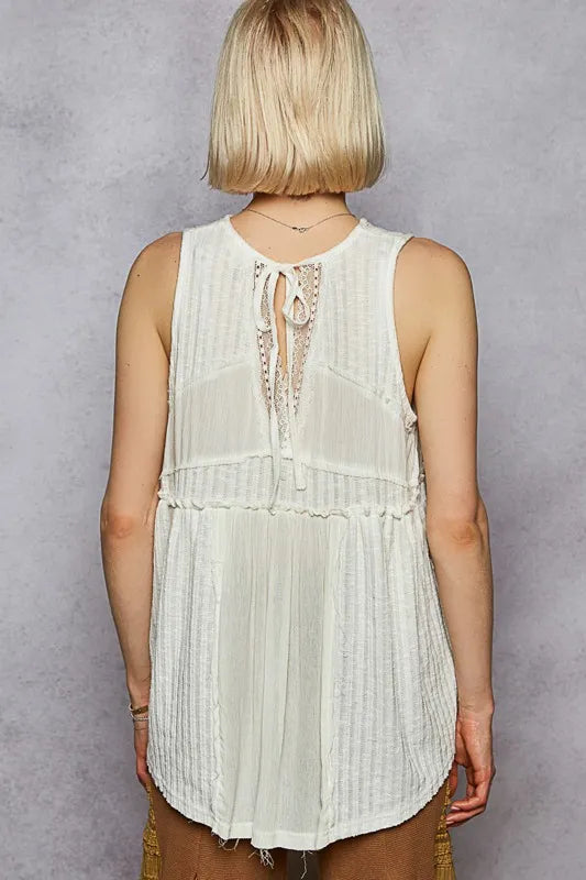POL Lace Trim Round Neck Tank with Pintuck Detail - Tigbul's Variety Fashion Shop