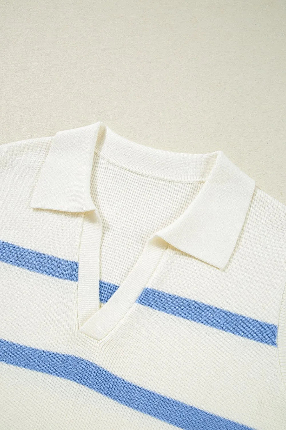 Stripe Split V Neck Collared Ribbed White Sweater Vest - Tigbul's Variety Fashion Shop