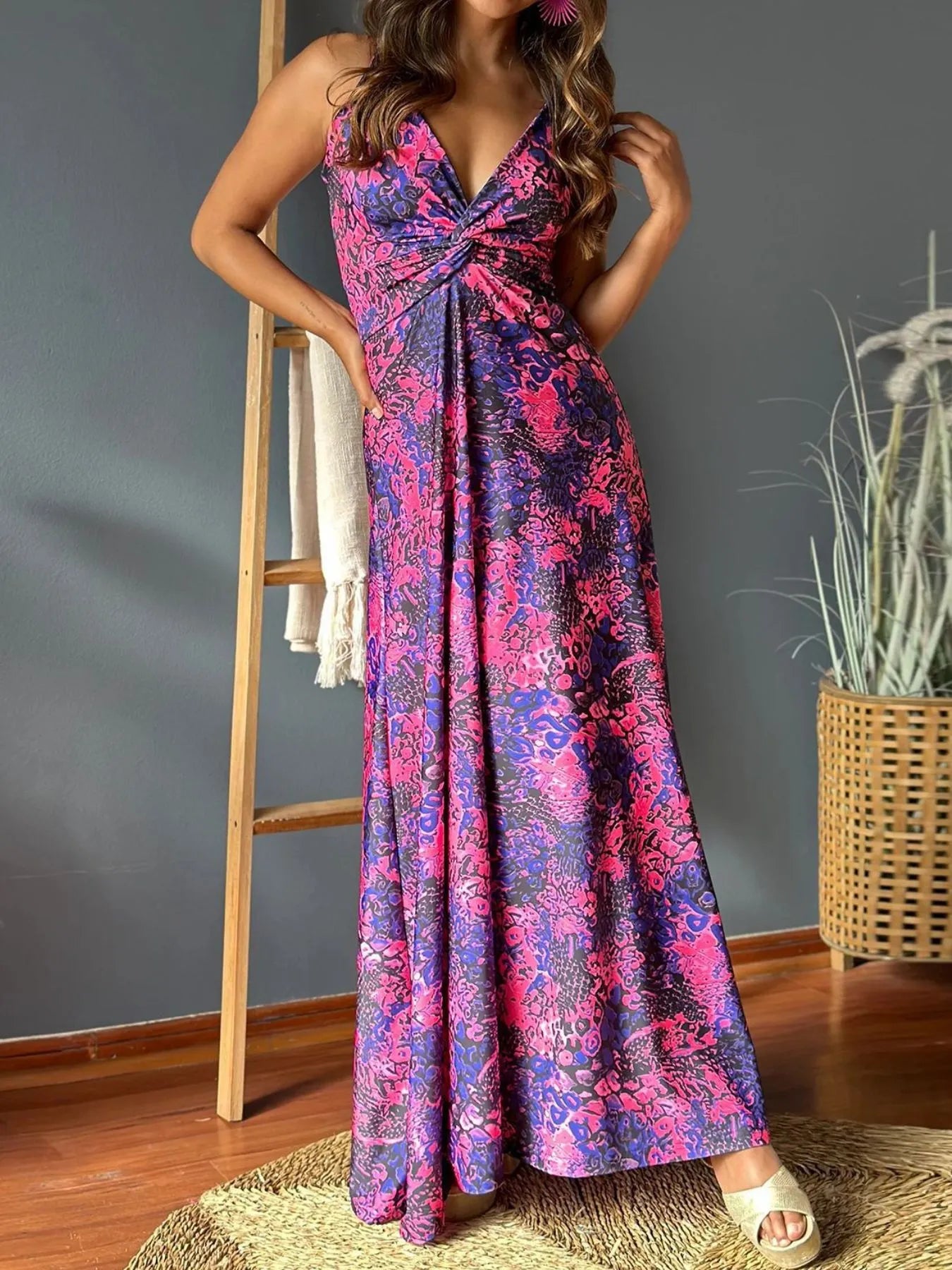 Tropical Print V-Neck Maxi Dress - Tigbul's Variety Fashion Shop