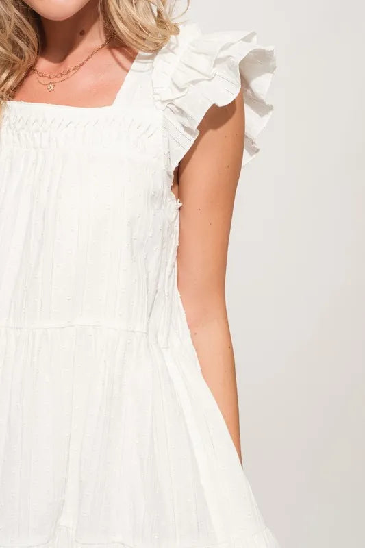 Origami Pleating Ruffled Sleeve Off White Tiered Dress - Tigbul's Variety Fashion Shop