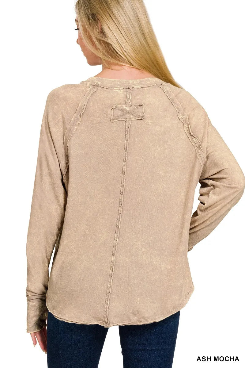 Zenana Crinkle Washed Thumb Hole Cuffs Long Sleeve Top - Tigbul's Variety Fashion Shop
