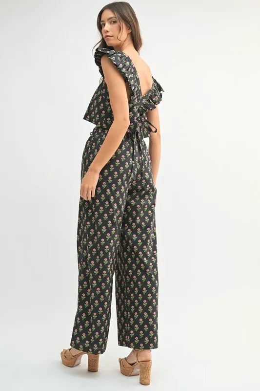 Black Floral Print Ruffle Top and Pants Set - Tigbul's Variety Fashion Shop