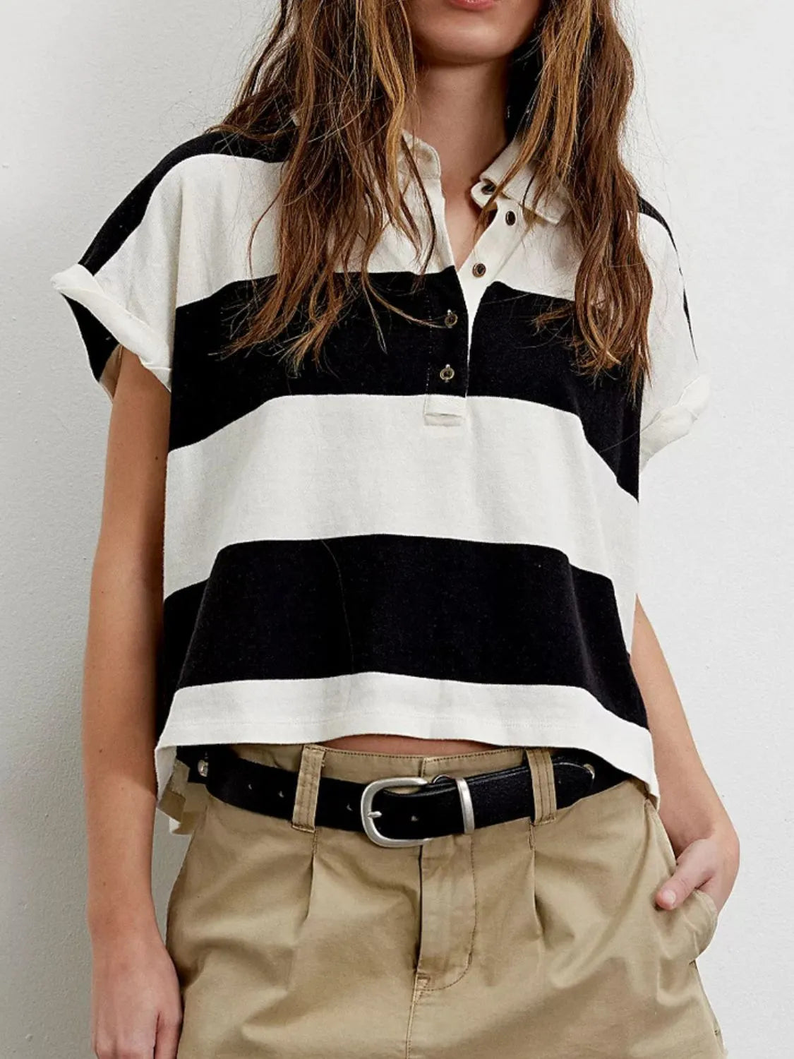 Striped Collared Neck Short Sleeve Top - Tigbul's Variety Fashion Shop