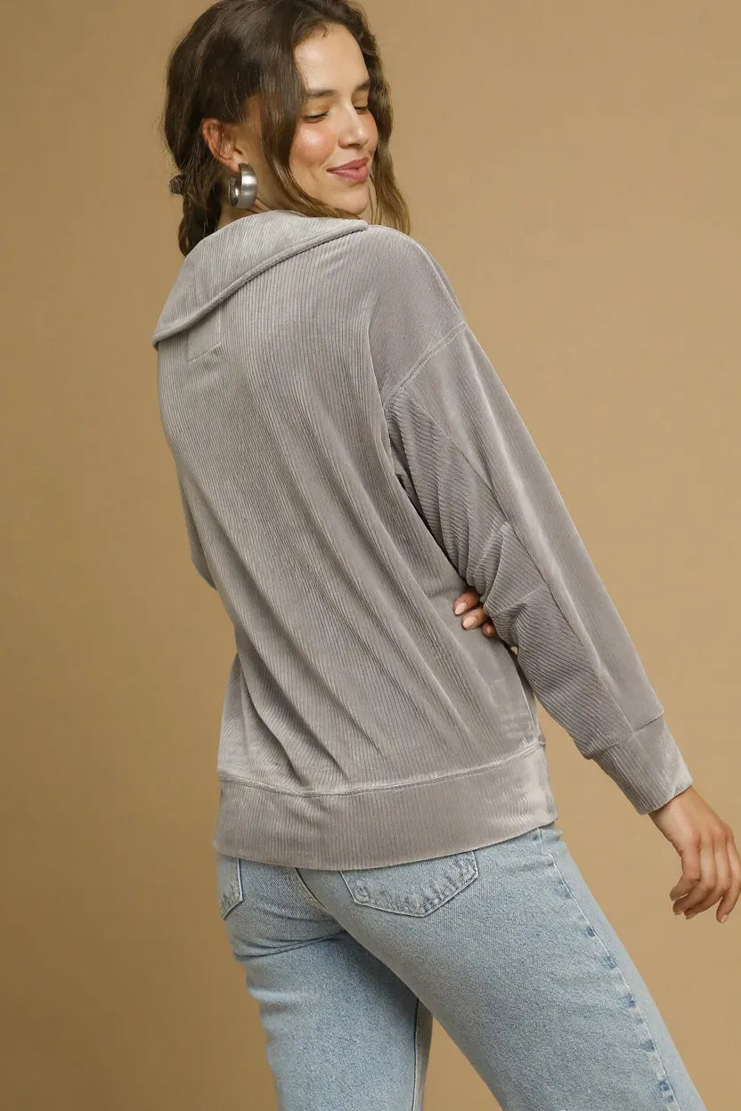 Umgee Soft Thermal Collared Long Sleeve Top - Tigbul's Variety Fashion Shop