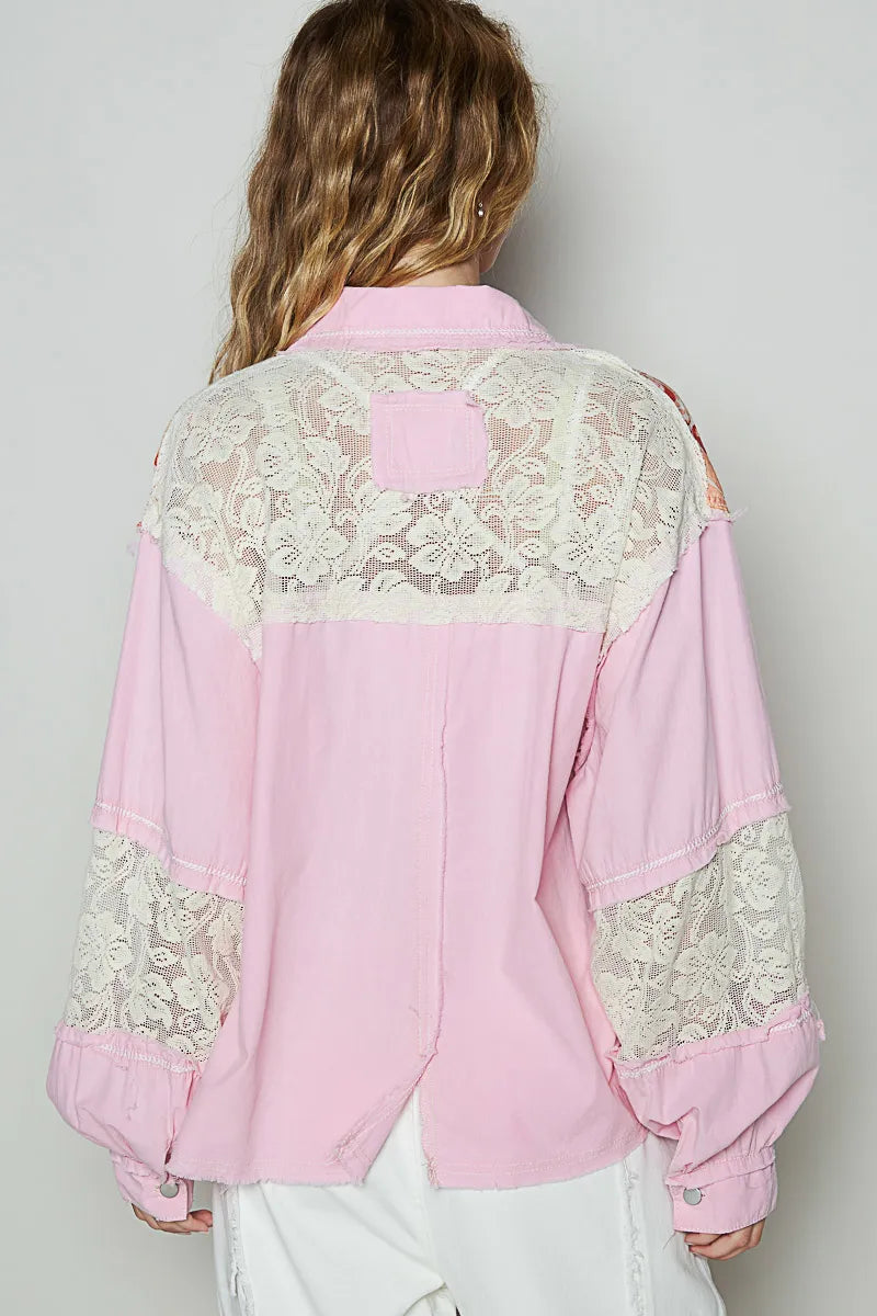 POL Printed Woven Mix Raw Hem Jacket with Lace Detail - Tigbul's Variety Fashion Shop