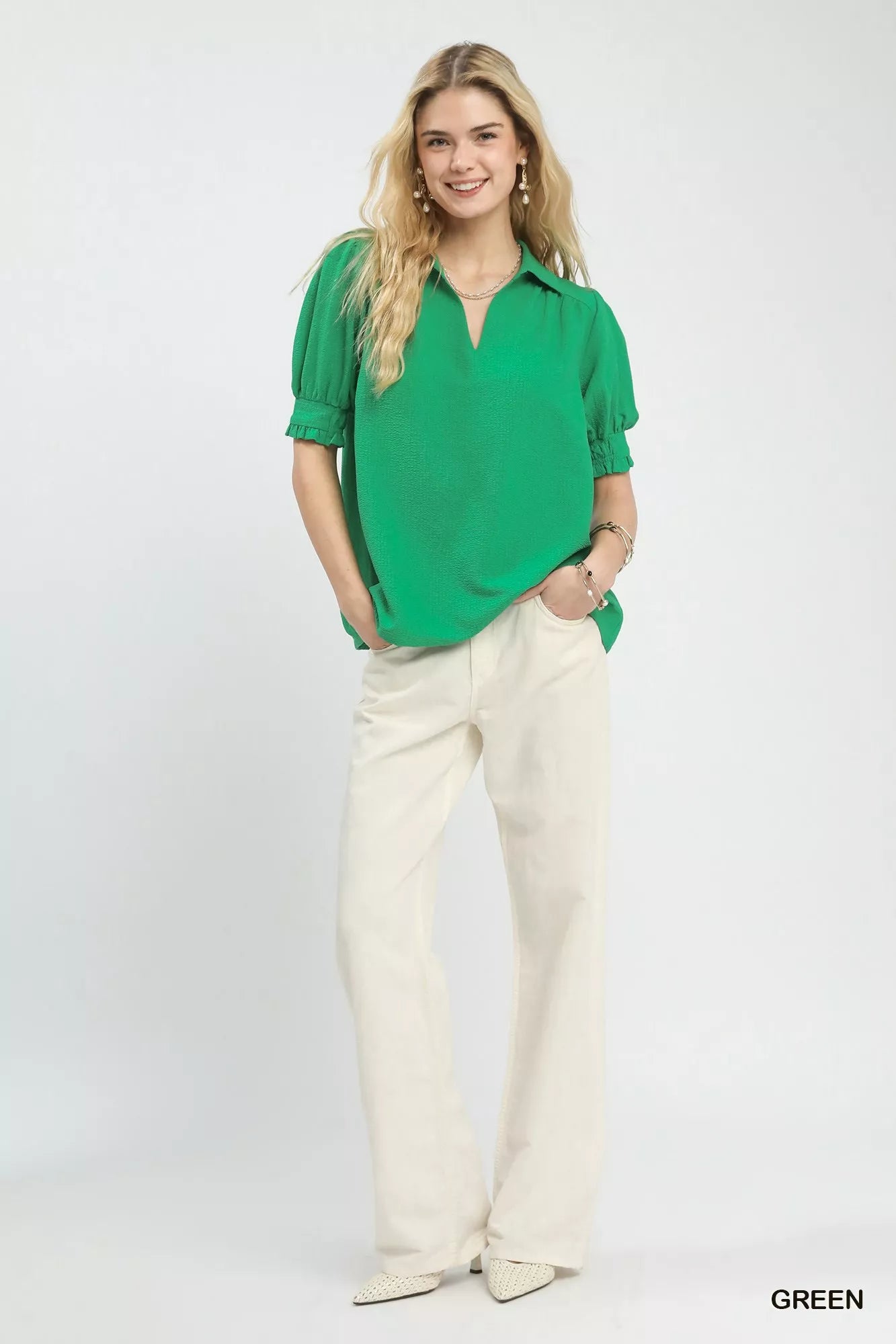 Umgee Seersucker Puff Sleeve Blouse - Tigbul's Variety Fashion Shop