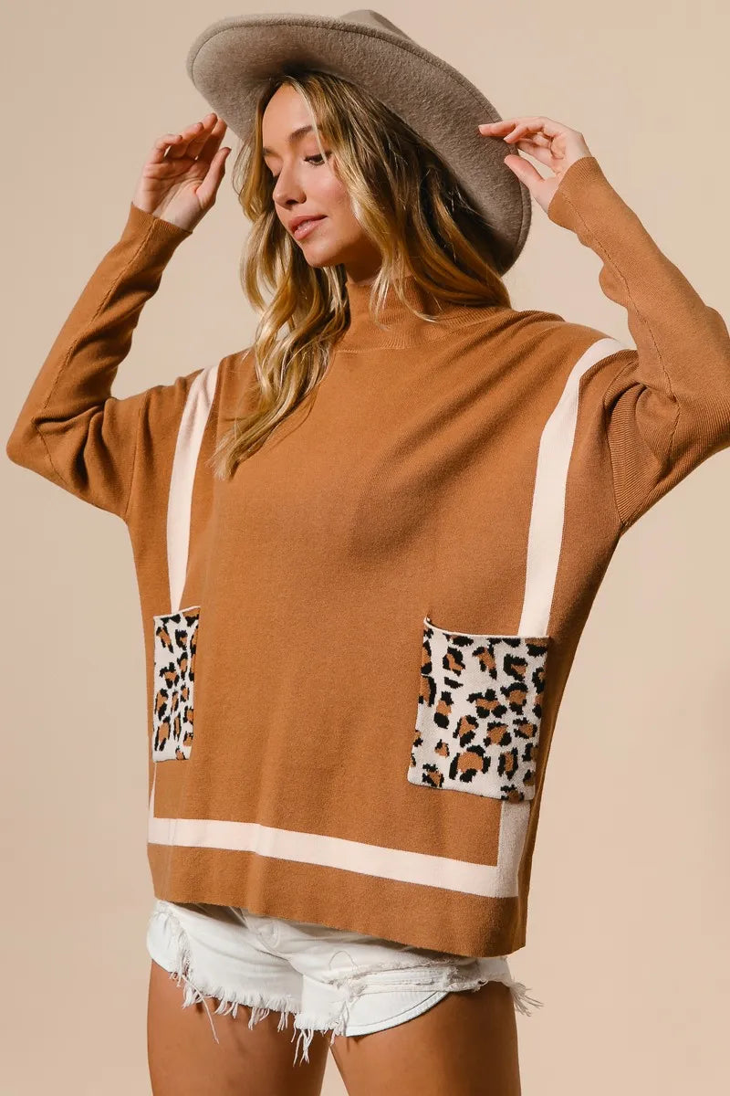 BiBi Mock Neck Sweater with Leopard Pocket - Tigbul's Variety Fashion Shop