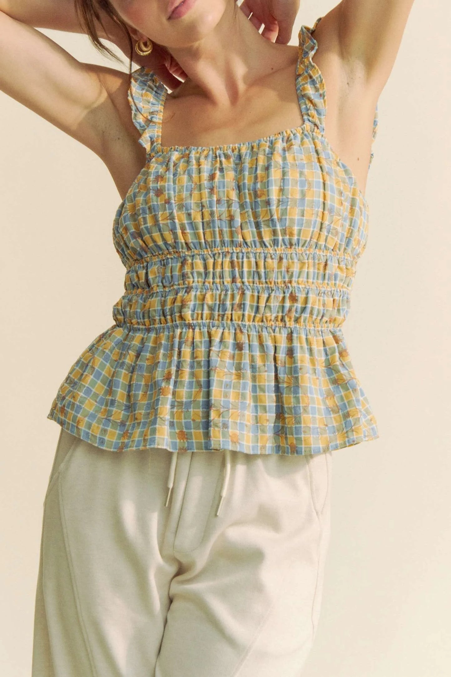 Plaid Ruffled Strap Smocked Blue Sleeveless Top - Tigbul's Variety Fashion Shop