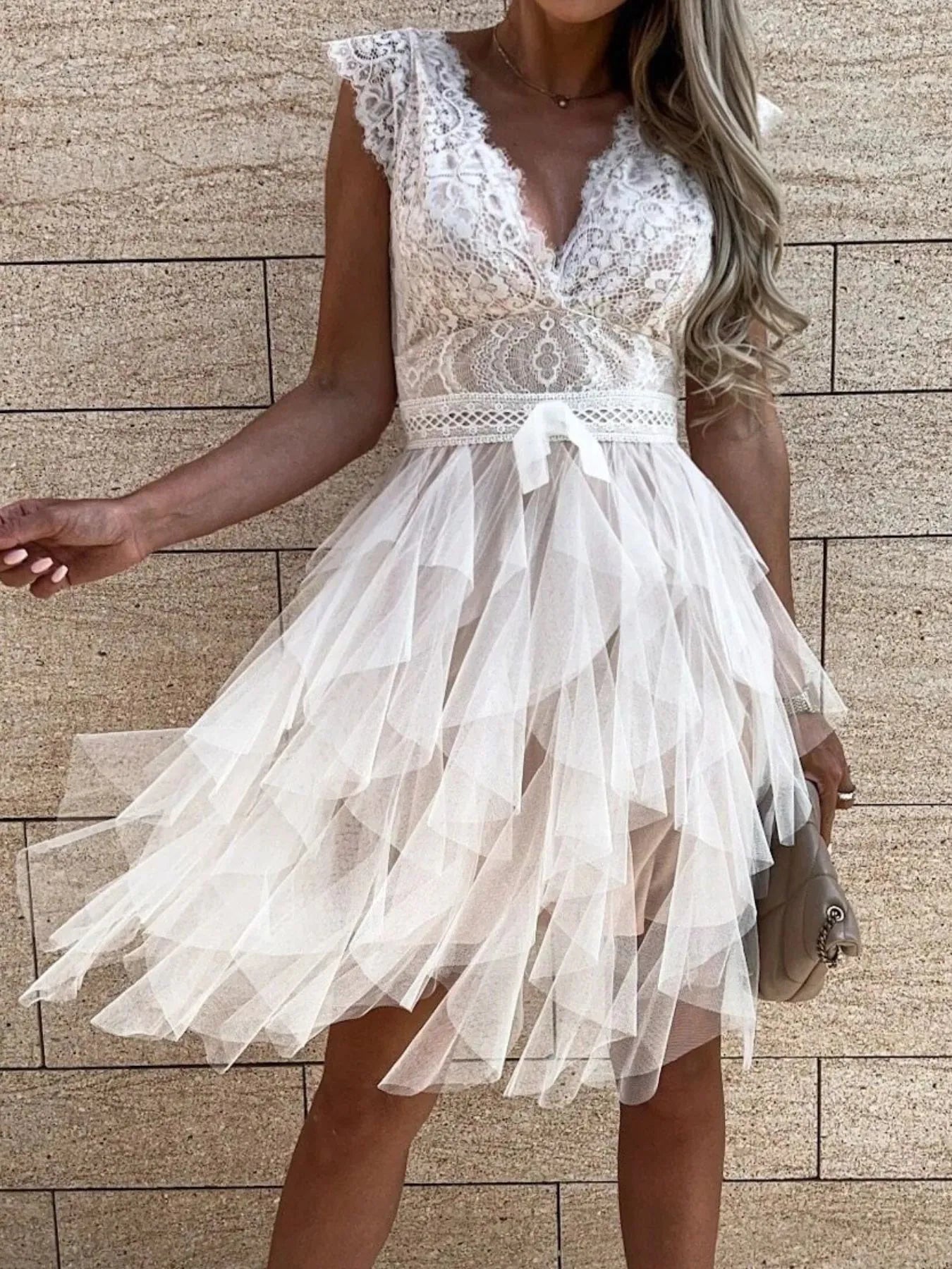 Lace V-Neck Ruffle Dress - Tigbul's Variety Fashion Shop