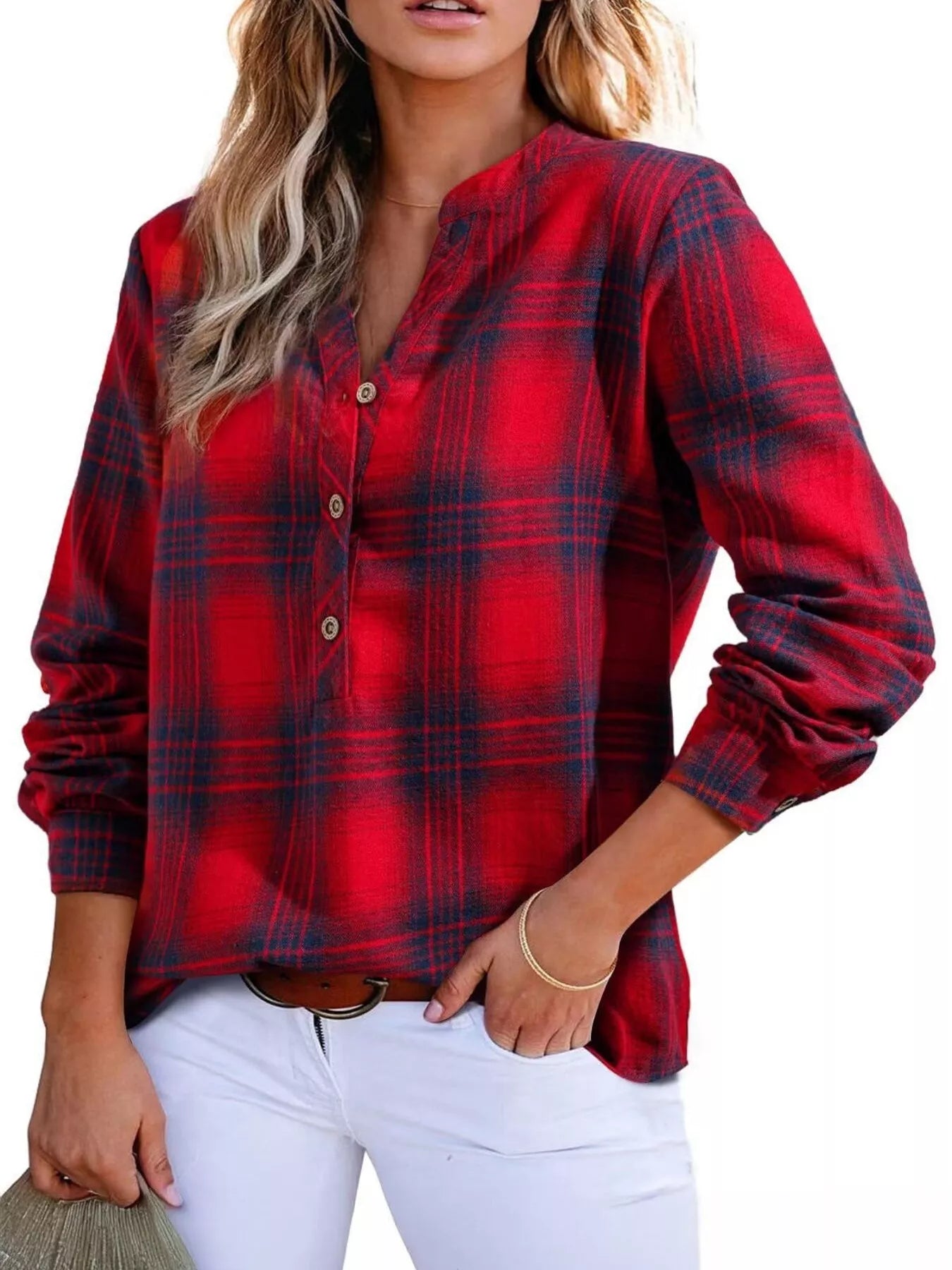 Plaid Half Button Long Sleeve Blouse - Tigbul's Variety Fashion Shop