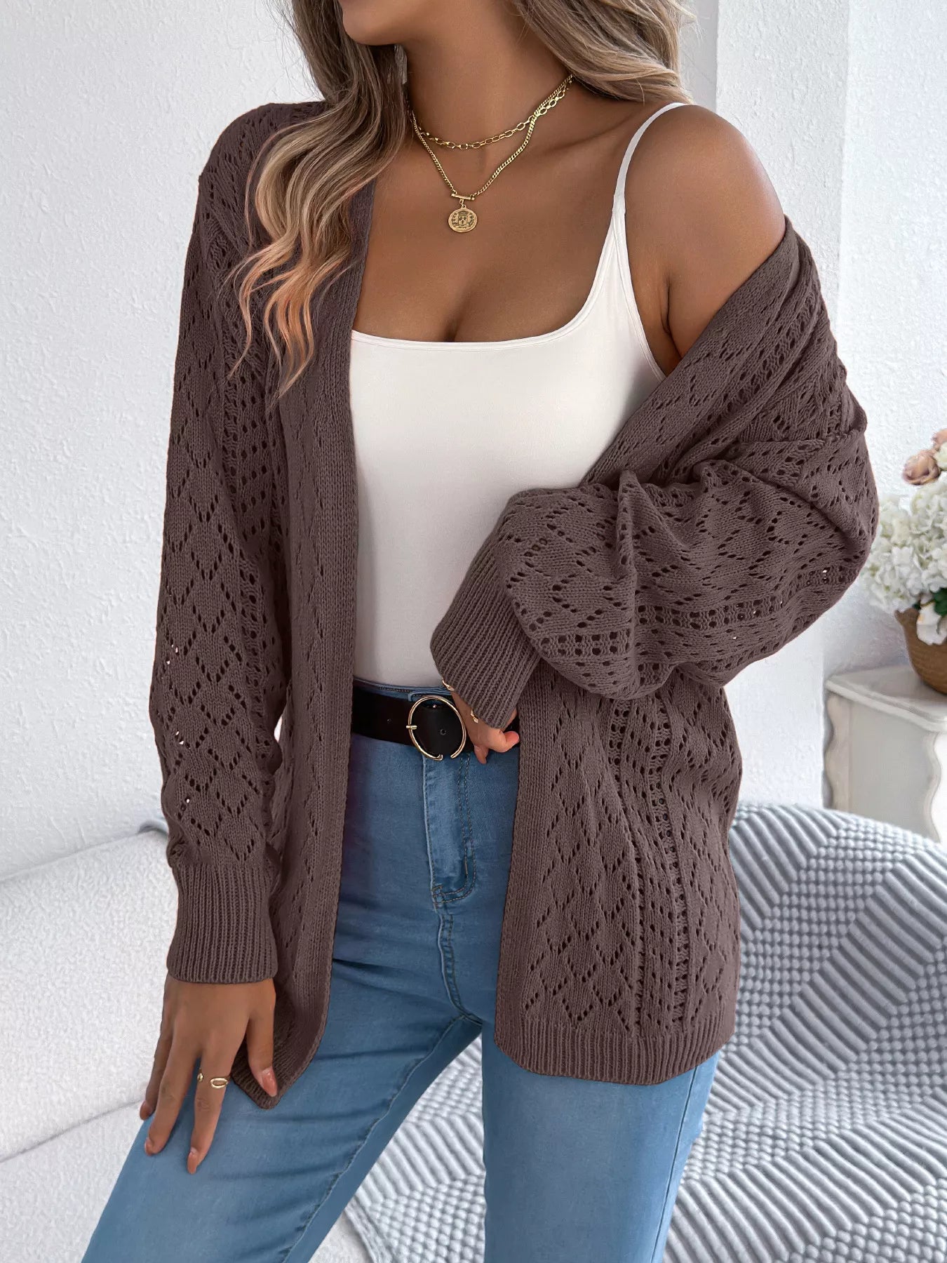 Openwork Open-Front Long Sleeve Cardigan - Tigbul's Variety Fashion Shop