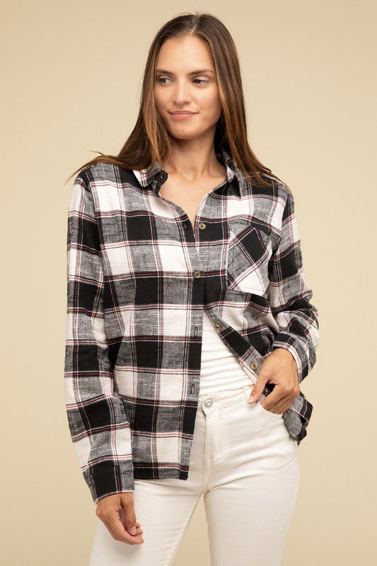 Cotton Plaid Shacket With Front Pocket - Tigbul's Variety Fashion Shop