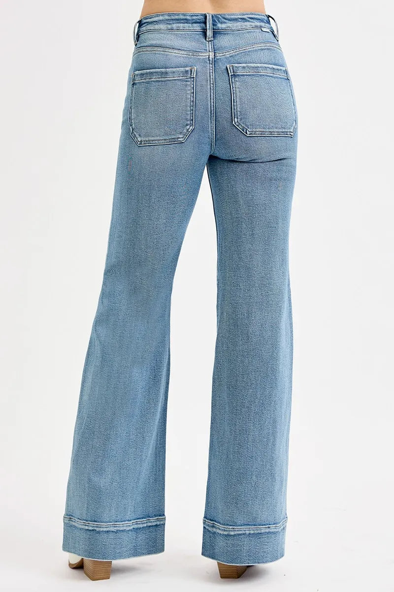 RISEN Full Size High Rise Wide Flare Patch Pocket Jeans Plus Size - Tigbul's Variety Fashion Shop