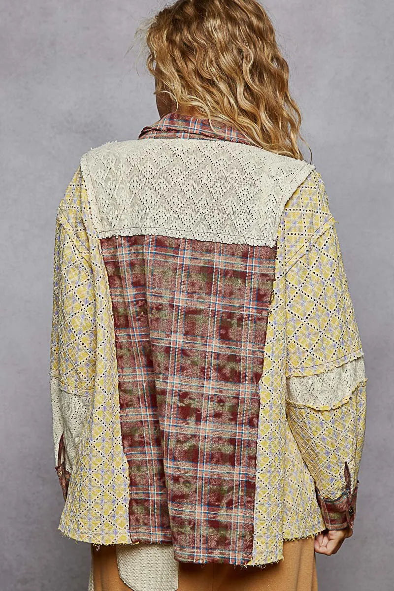 POL Studded Contrast Plaid Long Sleeve Shirt - Tigbul's Variety Fashion Shop
