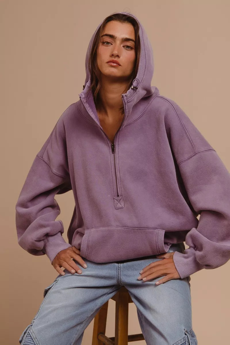 BiBi Stitch Detailed Elastic Hem Half Zip Fleece Hoodie - Tigbul's Variety Fashion Shop