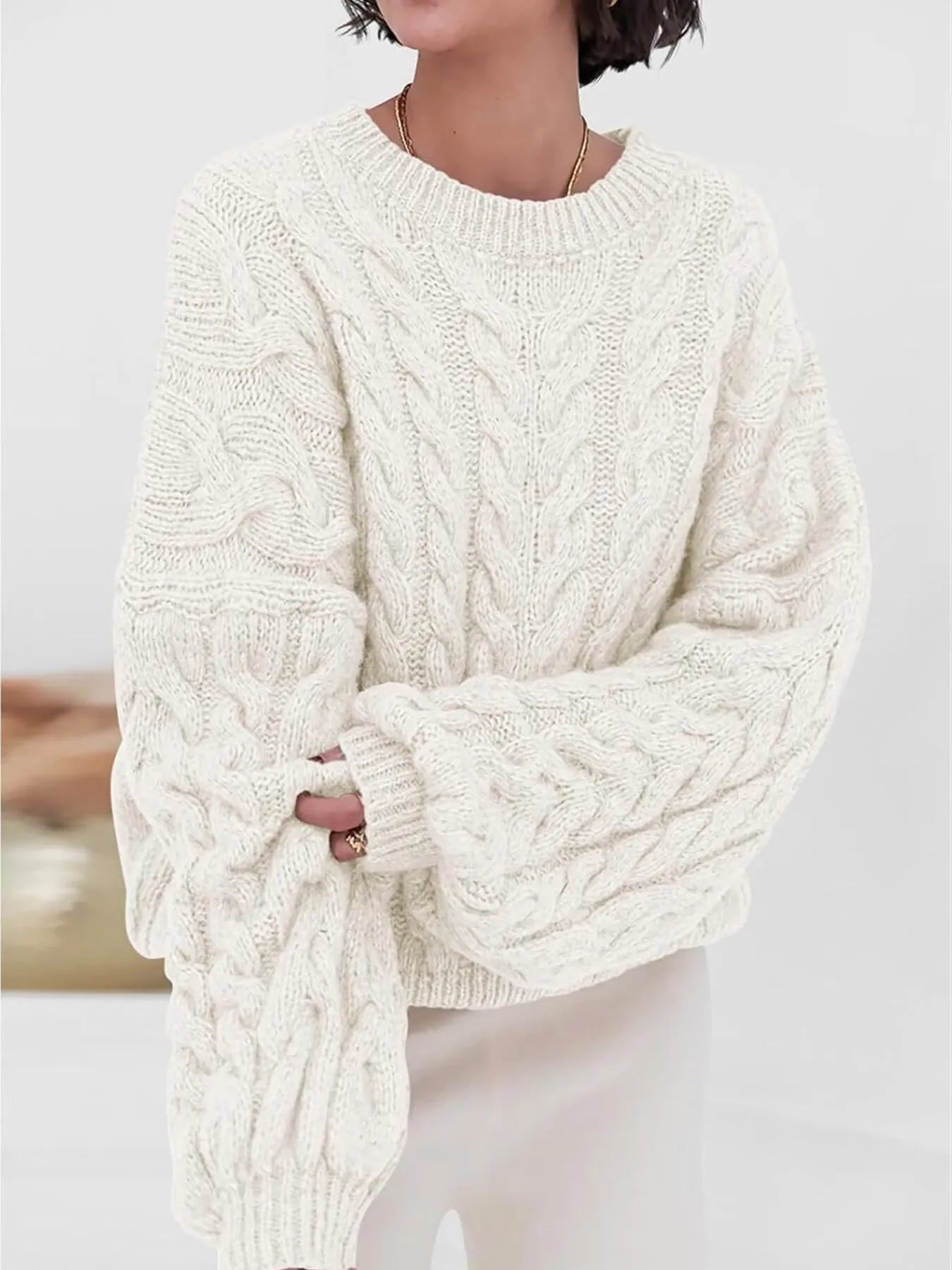 Cable Knit Long Sleeve Sweater - Tigbul's Variety Fashion Shop