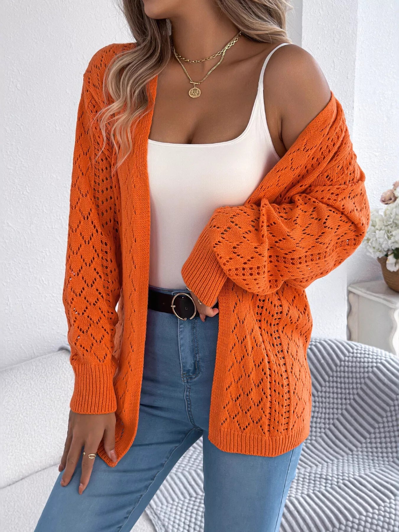 Openwork Open-Front Long Sleeve Cardigan - Tigbul's Variety Fashion Shop