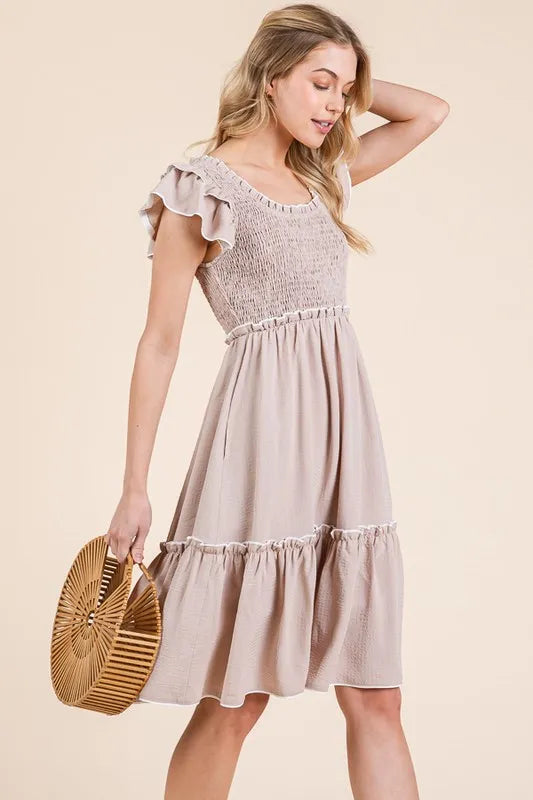 Taupe Color Ruffle Trim Smocked Dress - Tigbul's Variety Fashion Shop