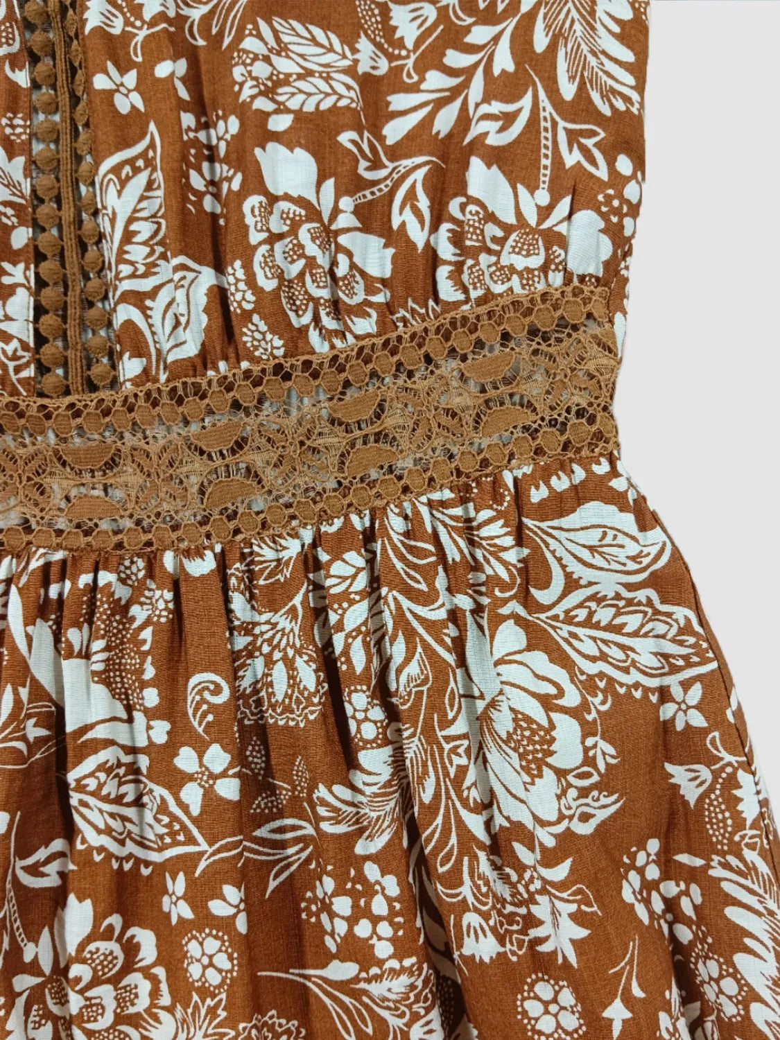 Brown Lace Detail Printed Short Sleeve Midi Dress - Tigbul's Variety Fashion Shop