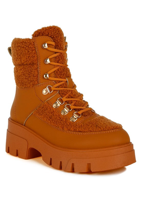 Wellerman Faux Fur Detail Chunky Hiker Boots - Tigbul's Variety Fashion Shop