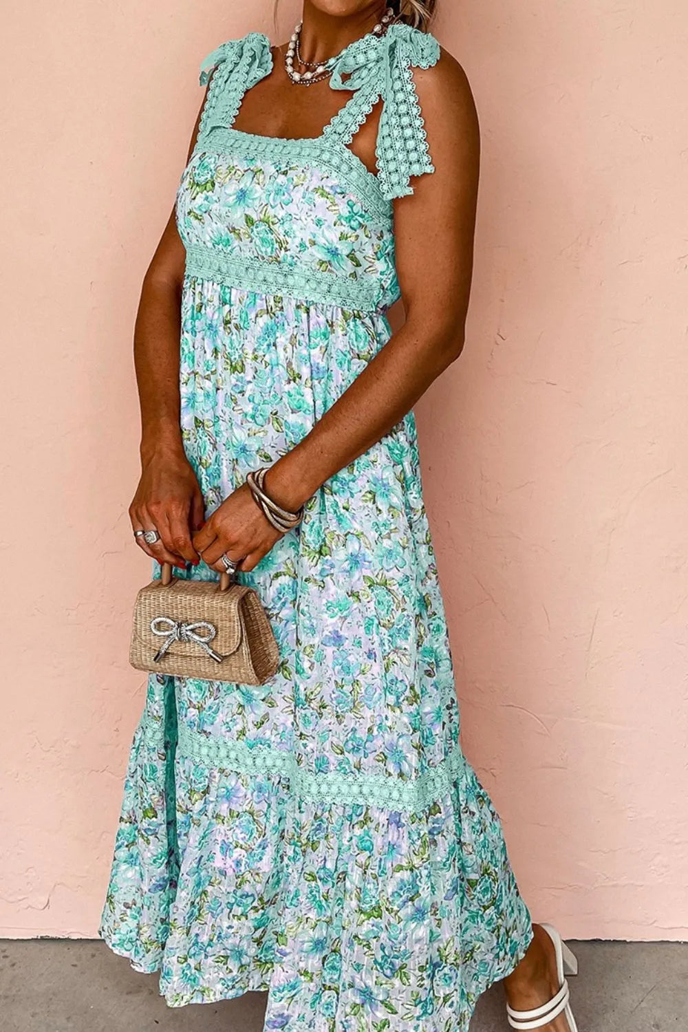 Turquoise Lace Detail Square Neck Floral Dress - Tigbul's Variety Fashion Shop