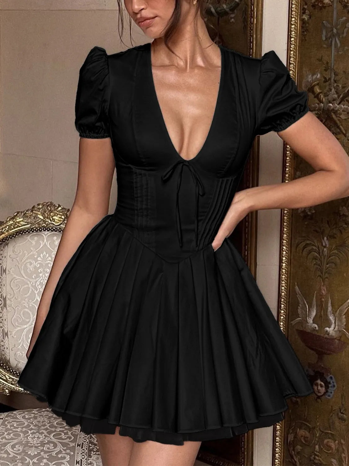 V-Neck Short Sleeve Mini Dress - Tigbul's Variety Fashion Shop