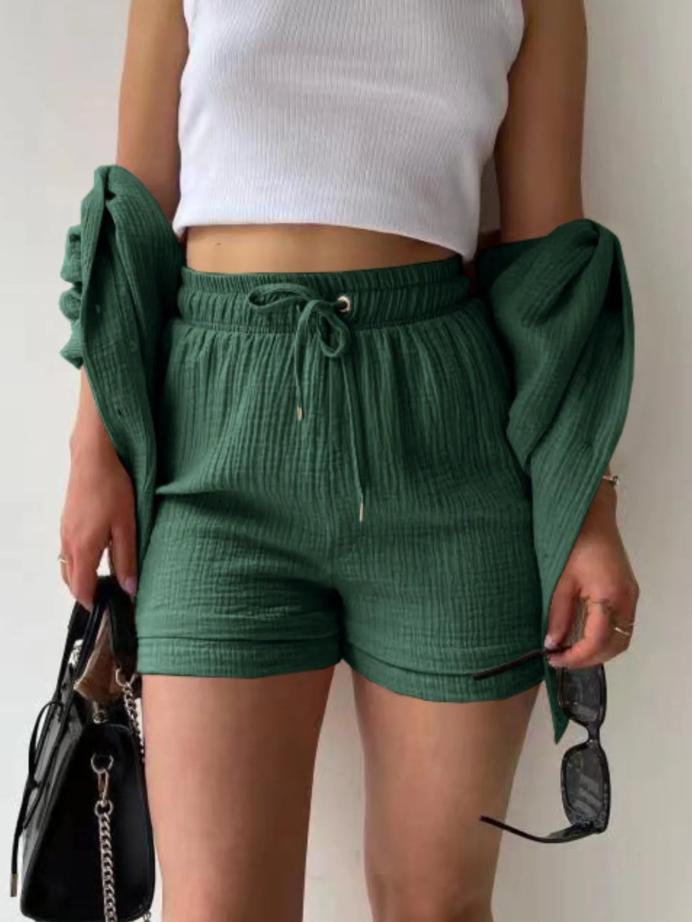 Textured Button Up Shirt and Shorts Set - Tigbul's Variety Fashion Shop