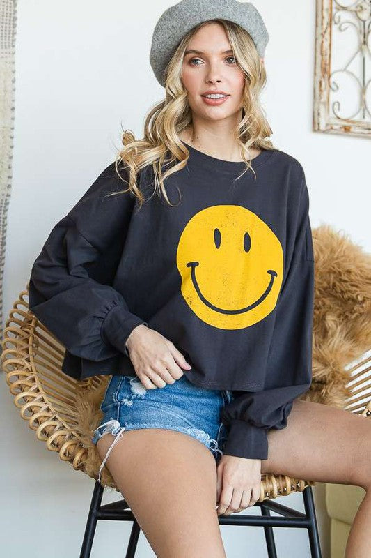 SMILEY FACE LONG SLEEVE CROP TOP - Tigbul's Variety Fashion Shop
