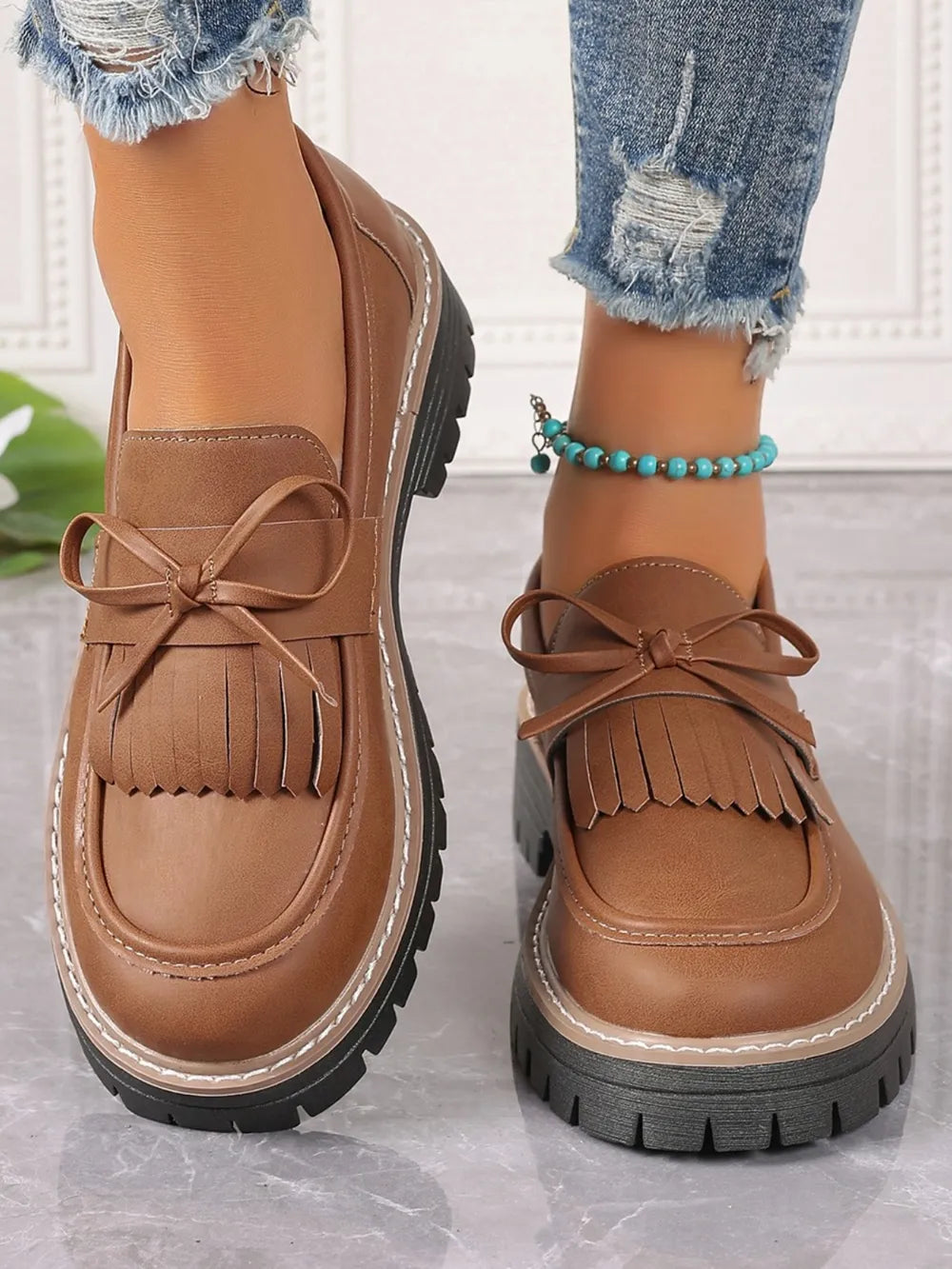 PU Leather Bow Platform Loafers - Tigbul's Variety Fashion Shop