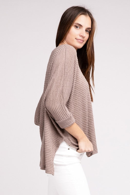 3/4 Sleeve V-Neck Hi-Low Hem Jacquard Sweater - Tigbul's Variety Fashion Shop