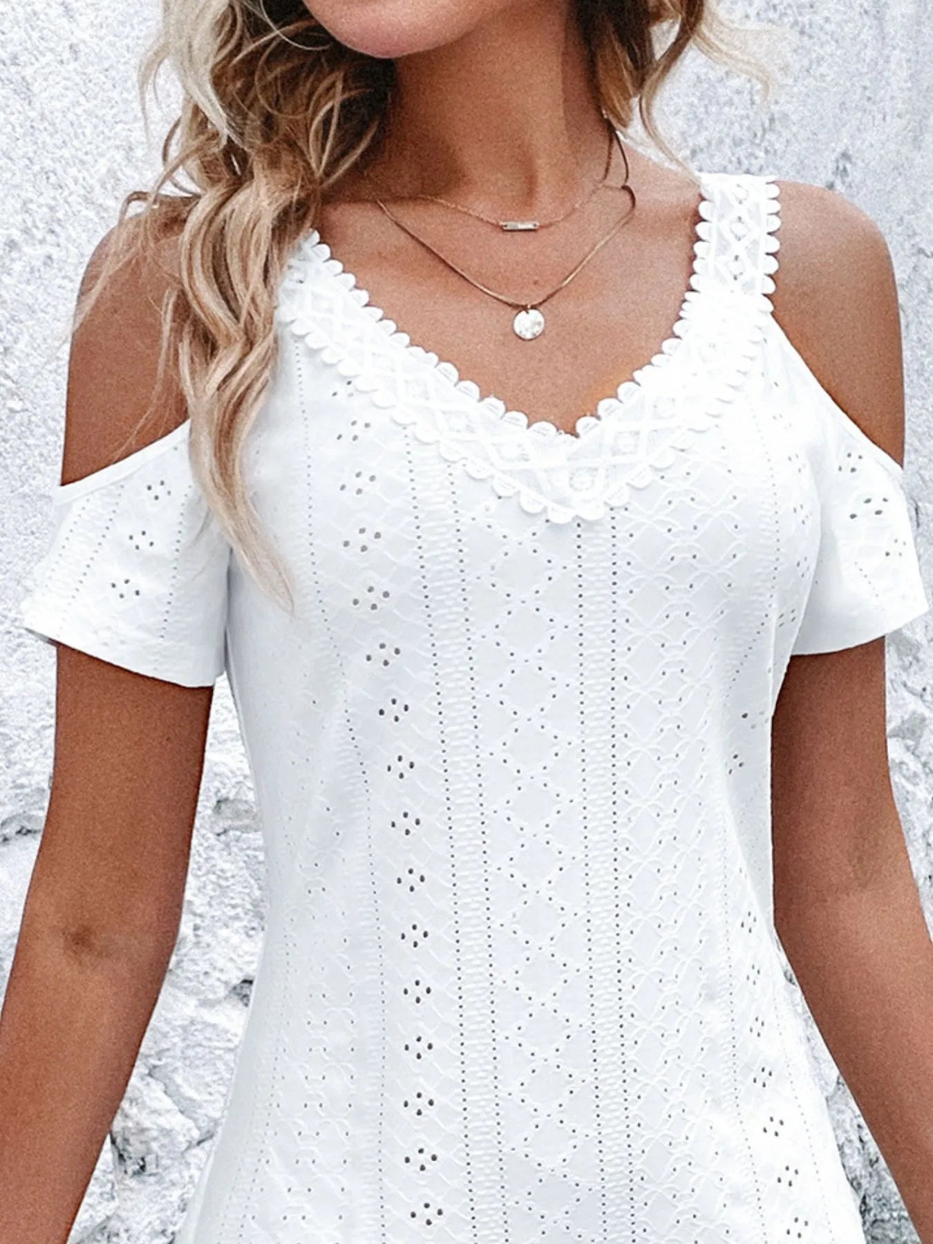 Cold Shoulder Short Sleeve Eyelet Mini Dress - Tigbul's Variety Fashion Shop