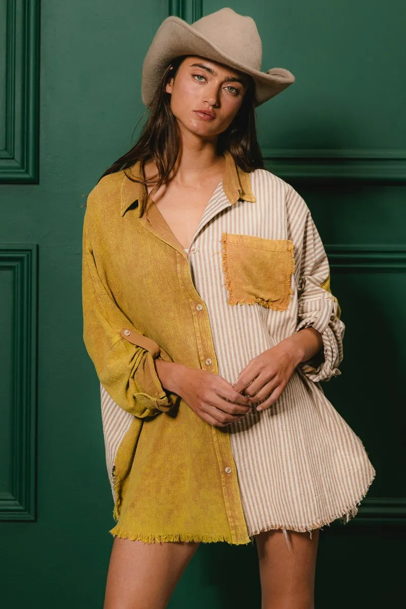 Washed Raw Hem Shirt - Tigbul's Variety Fashion Shop