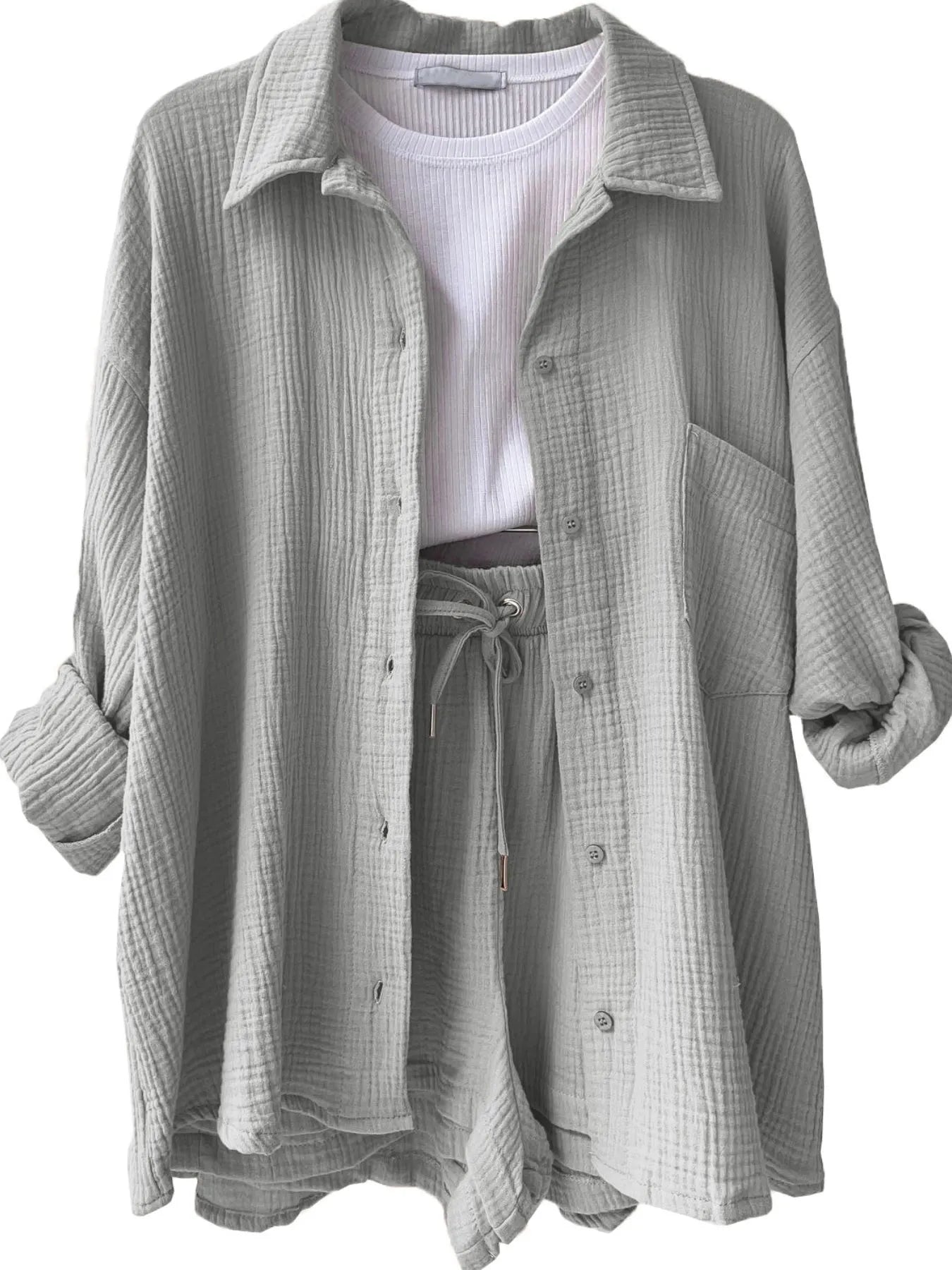 Textured Button Up Shirt and Shorts Set - Tigbul's Variety Fashion Shop