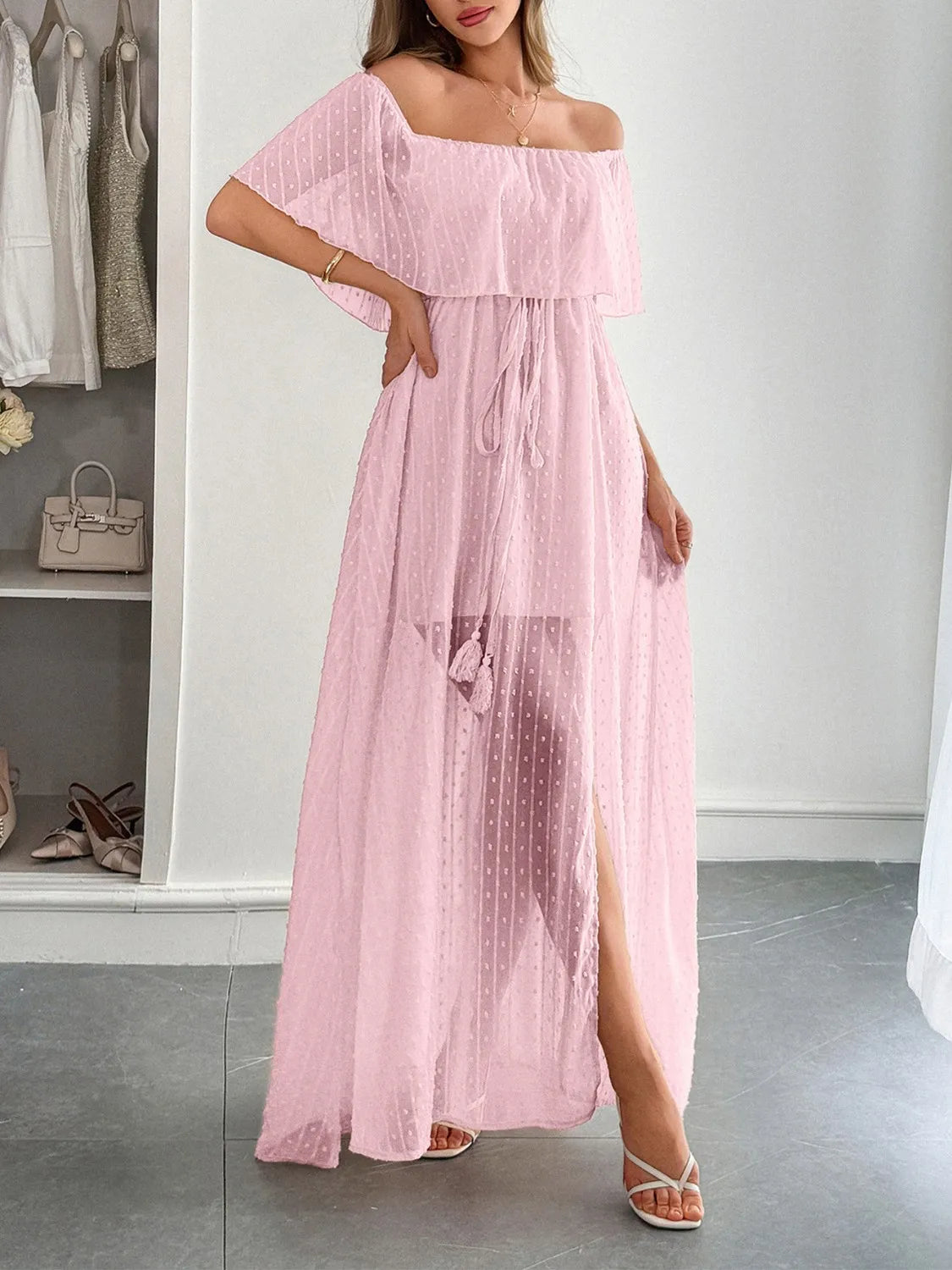 Swiss Dot Off Shoulder Maxi Dress - Tigbul's Variety Fashion Shop