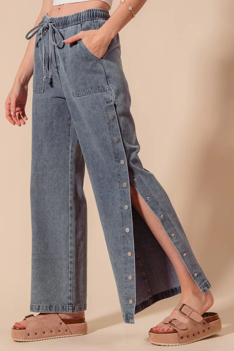 SO ME Mid Rise Drawstring Jeans with Side Snap Button - Tigbul's Variety Fashion Shop