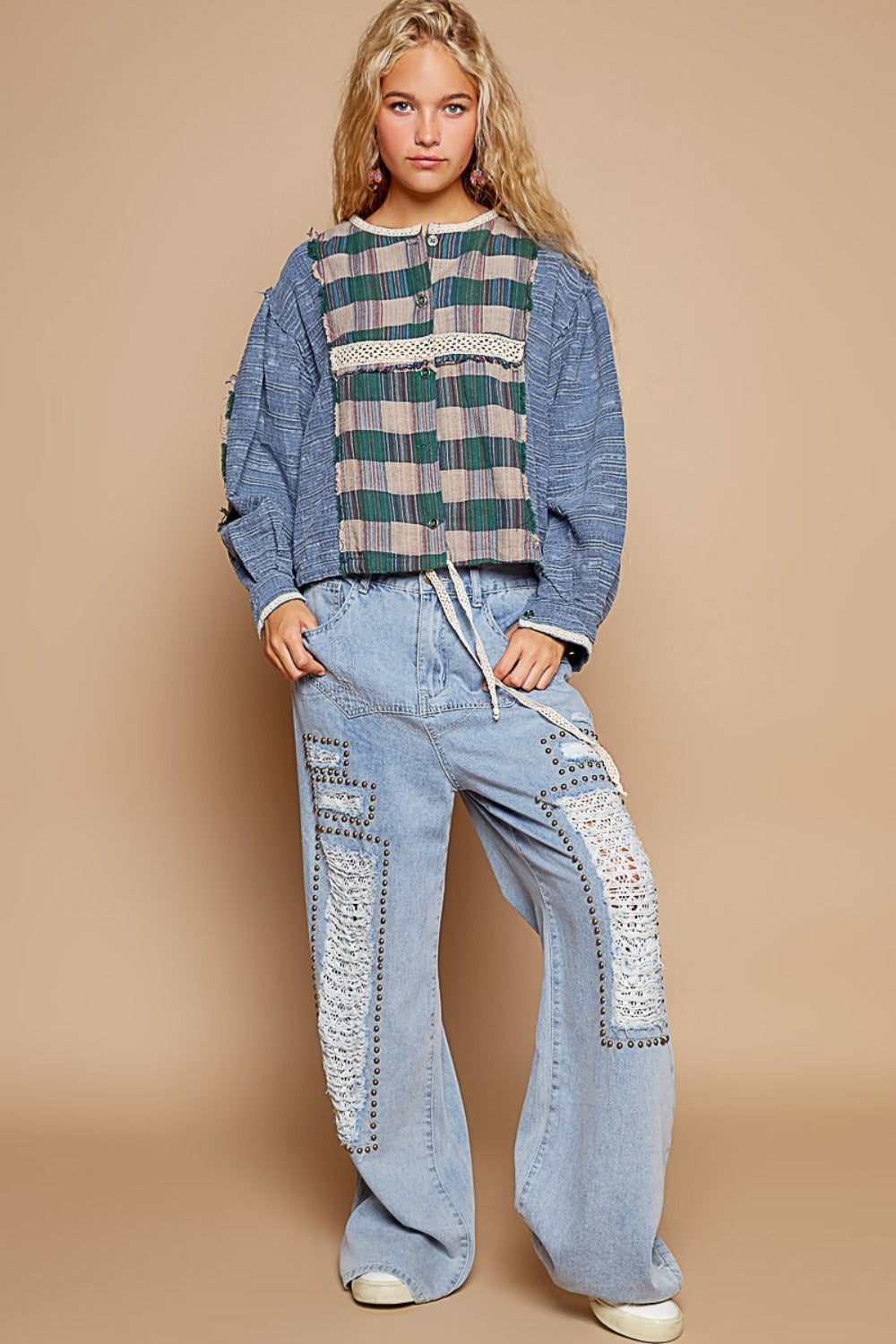 Blue Round Neck Long Sleeve Plaid Shirt - Tigbul's Variety Fashion Shop