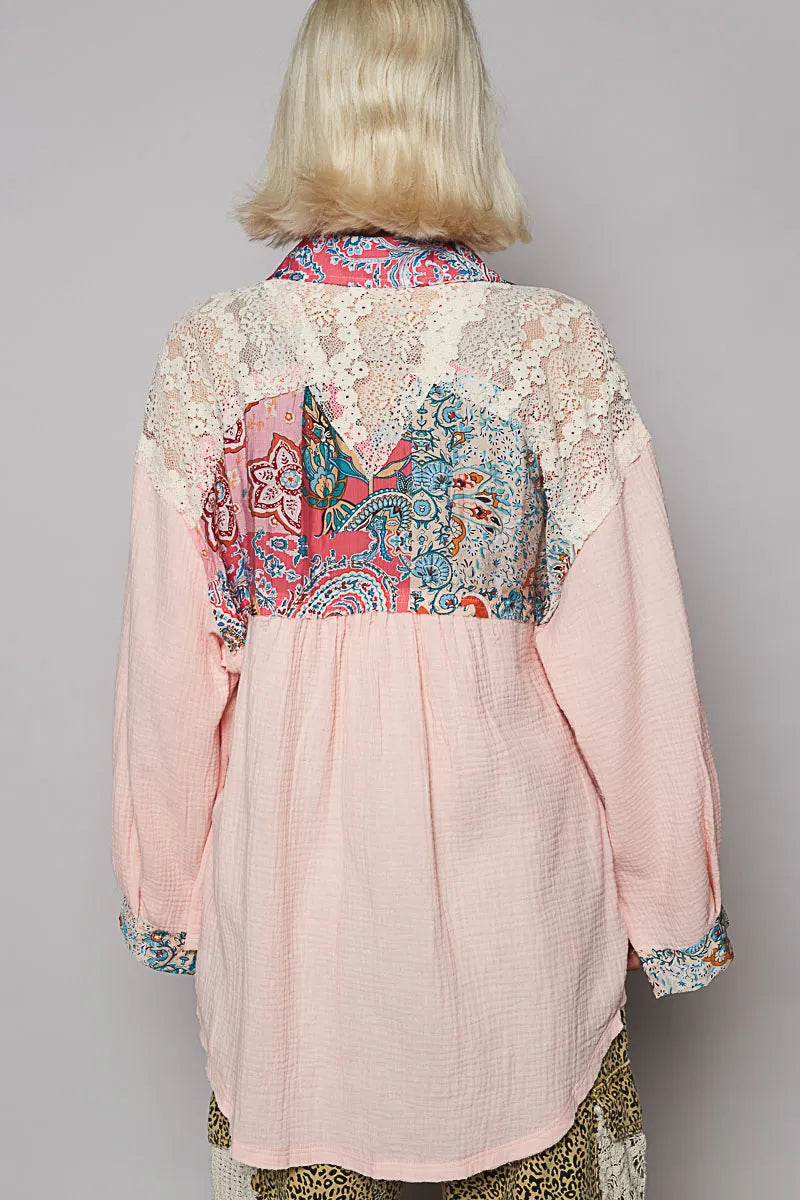 POL Lace Patchwork Floral Trim Long Sleeve Shirt - Tigbul's Variety Fashion Shop