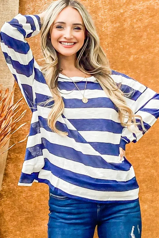 Stripe Twist Back Loose Navy Top - Tigbul's Variety Fashion Shop