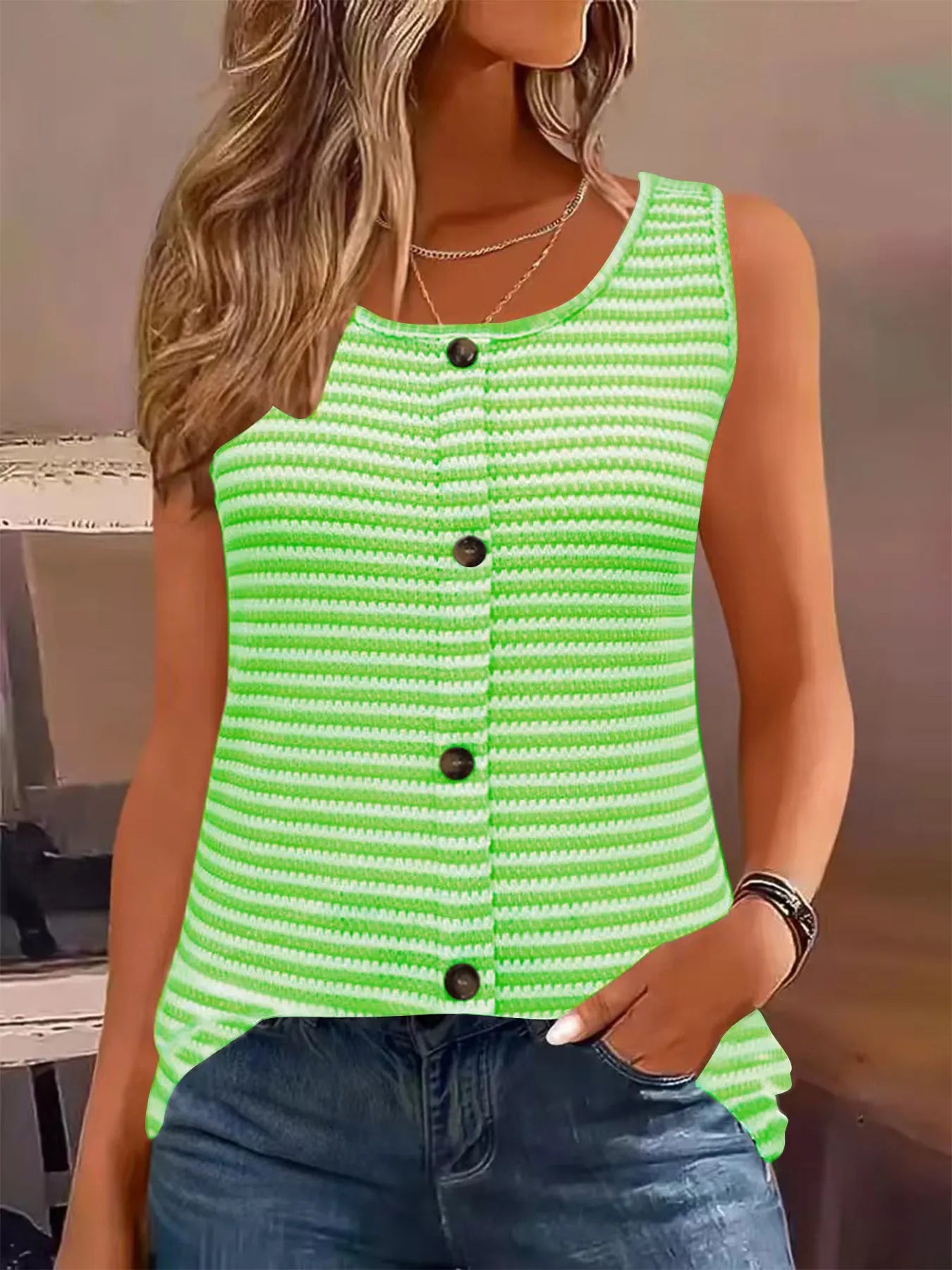 Striped Button Front Knit Tank Top - Tigbul's Variety Fashion Shop