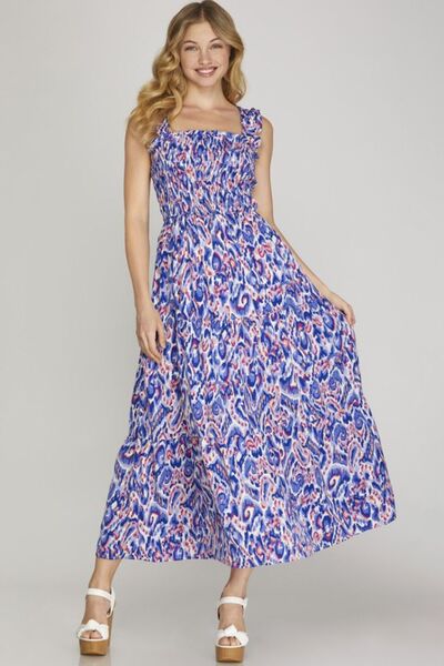 Royal Blue Smocked Printed Wide Strap Tiered Dress - Tigbul's Variety Fashion Shop