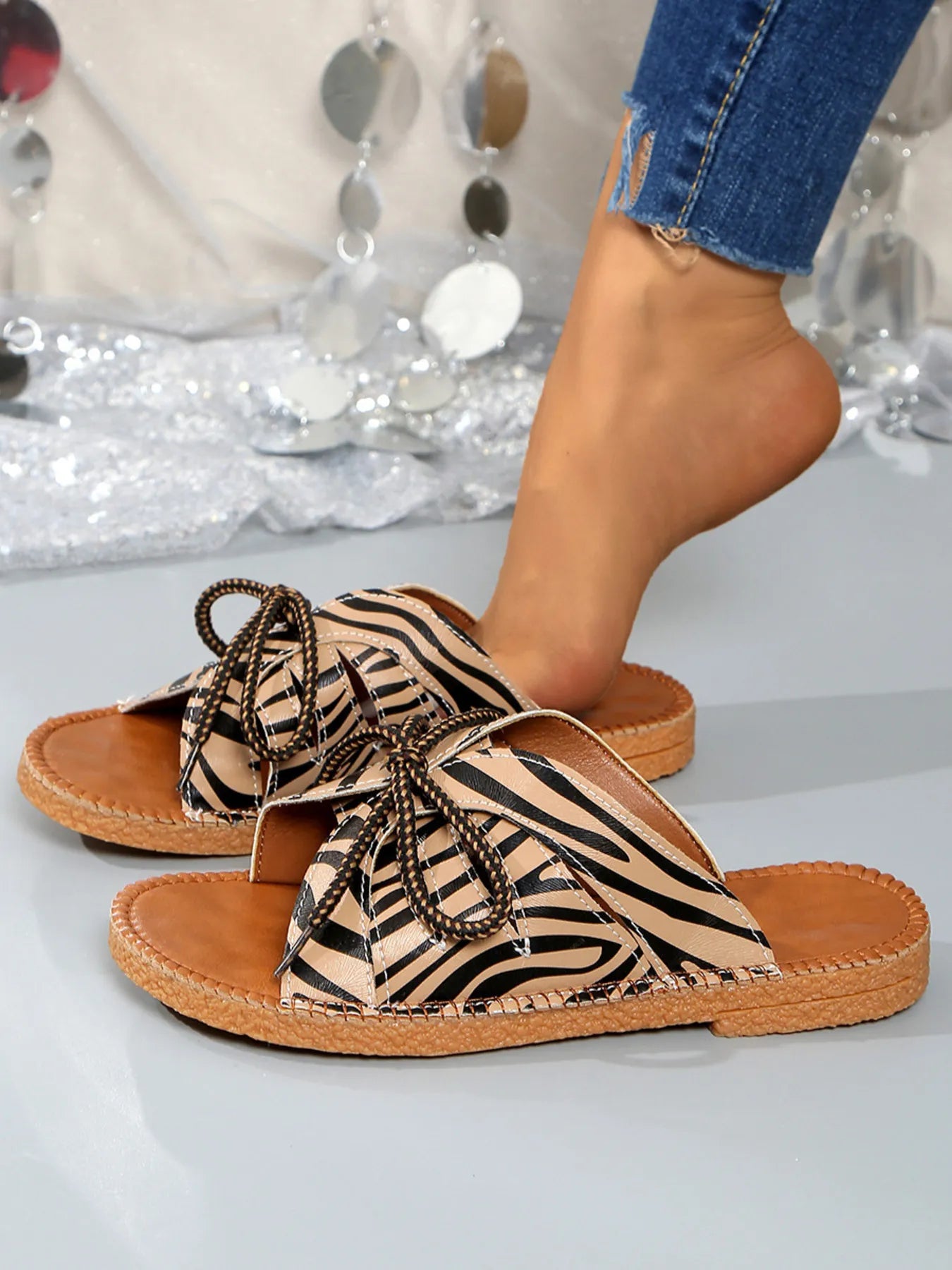 Printed Tied Flat Sandals - Tigbul's Variety Fashion Shop