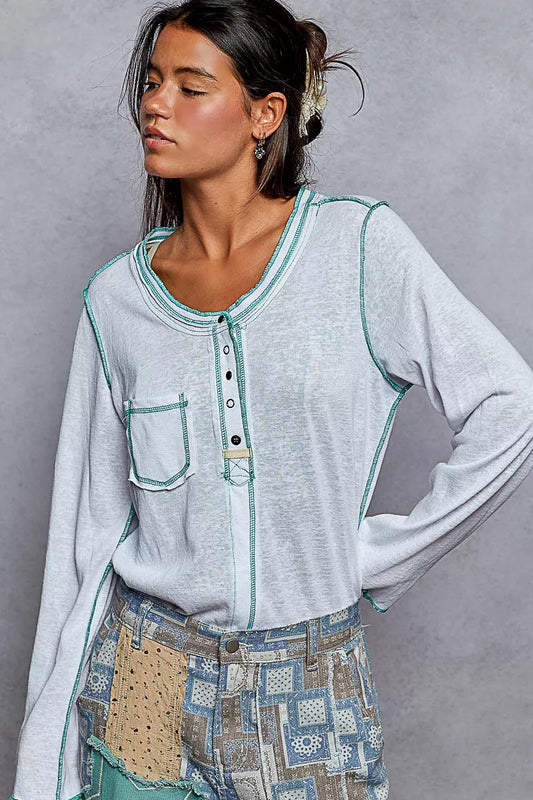 POL Round Neck Long Sleeve Top with Contrast Stitching - Tigbul's Variety Fashion Shop
