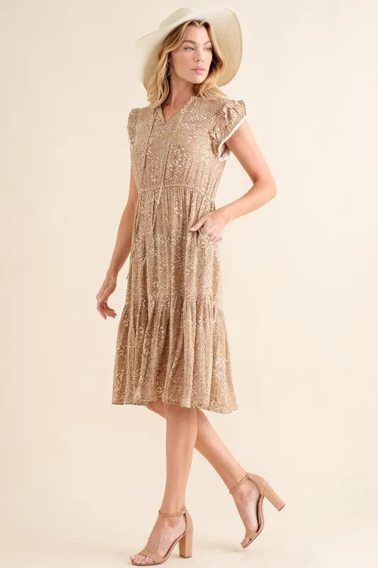 Boho Printed Tiered Taupe Maxi Dress - Tigbul's Variety Fashion Shop