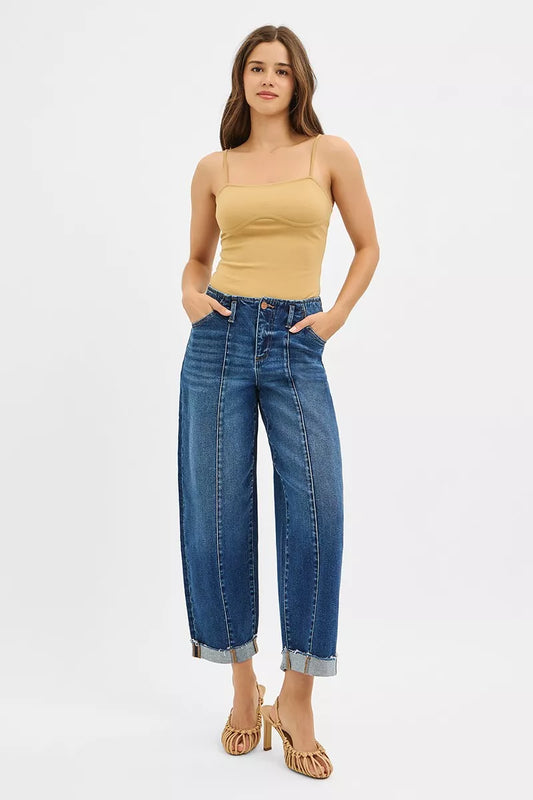 RISEN High Rise Fit Barrel Cuffed Jeans - Tigbul's Variety Fashion Shop