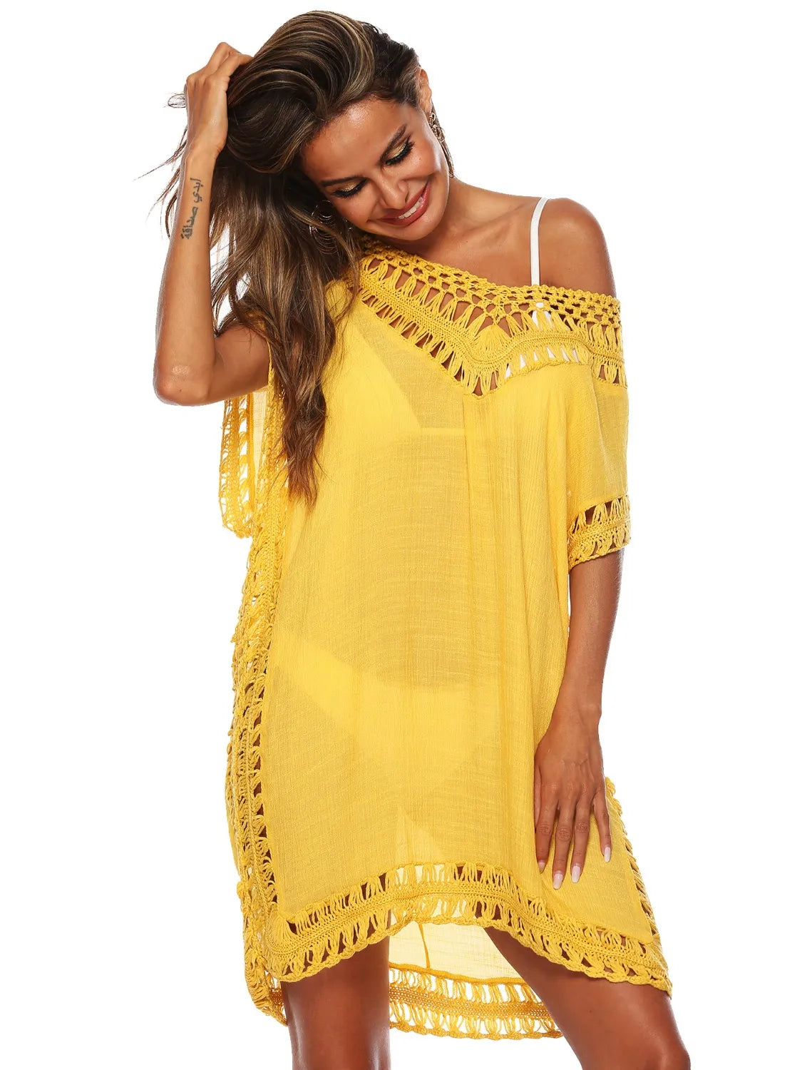 Bohemian Crochet Trim Beach Cover Up Dress - Tigbul's Variety Fashion Shop