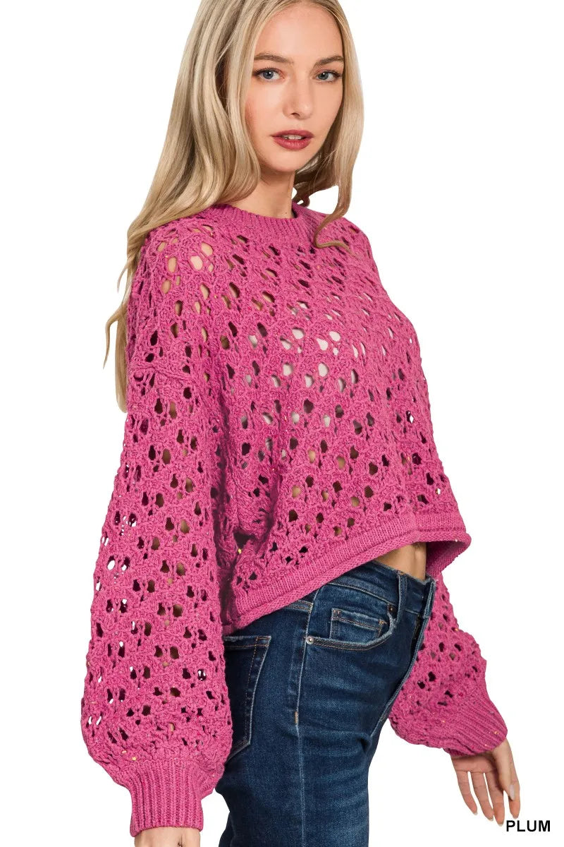 Zenana Oversized Cropped Crochet Knit Sweater - Tigbul's Variety Fashion Shop