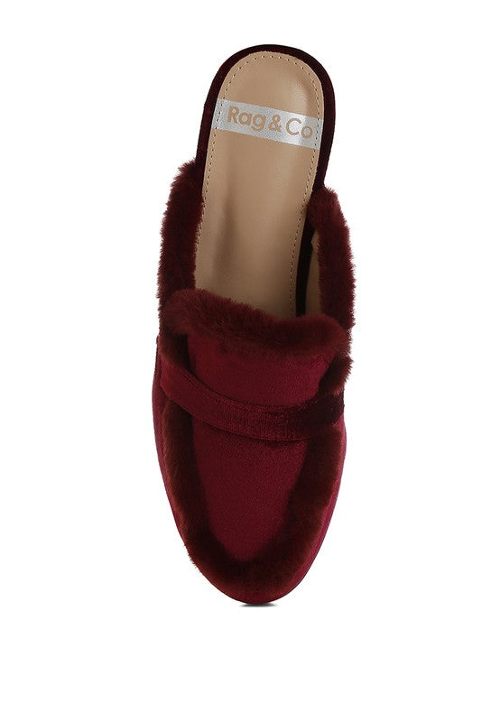 Seyhan Fur Detail Velvet Slip-On Mules - Tigbul's Variety Fashion Shop