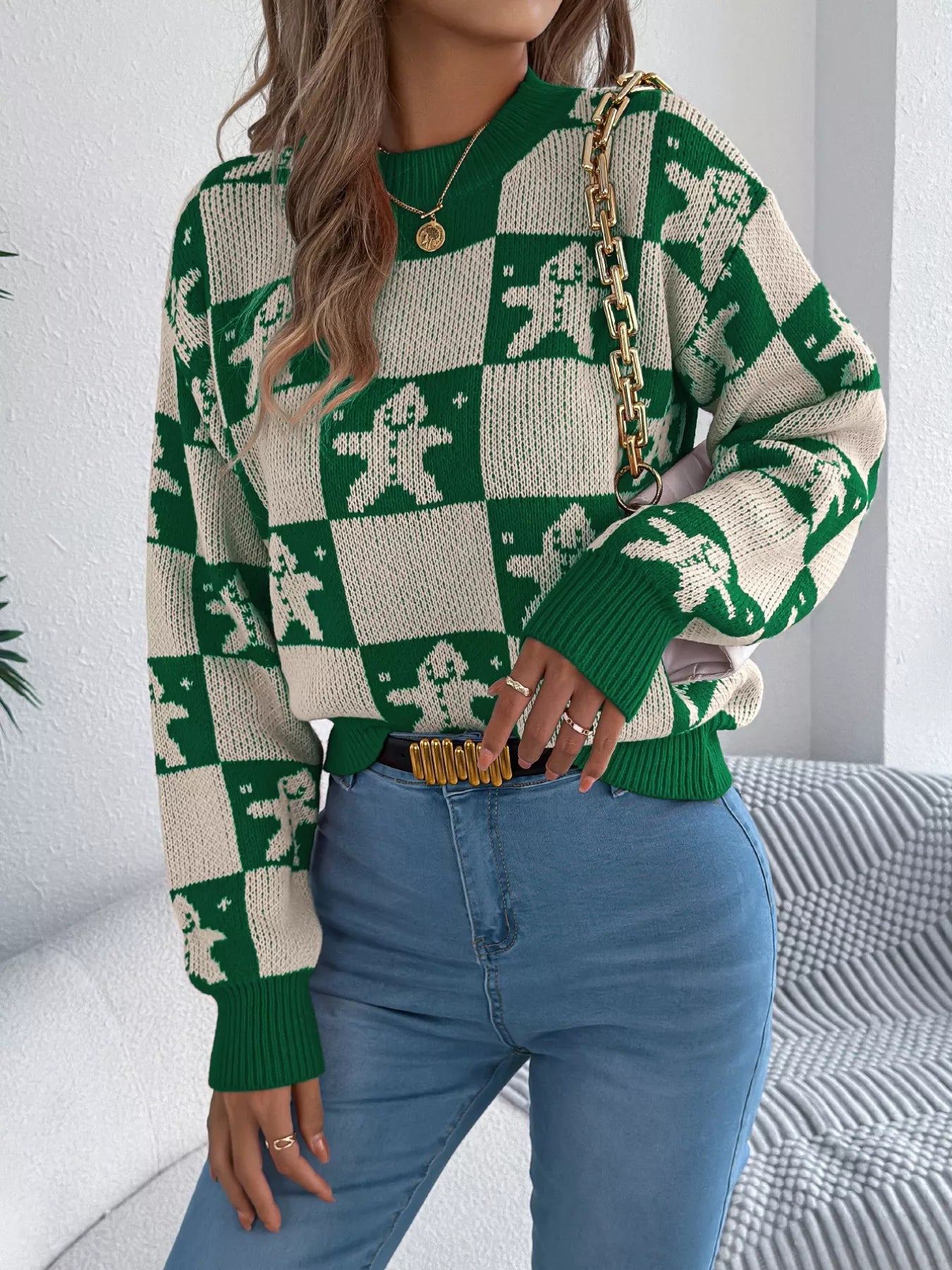 Christmas Checkerboard Gingerbread Round Neck Sweater - Tigbul's Variety Fashion Shop