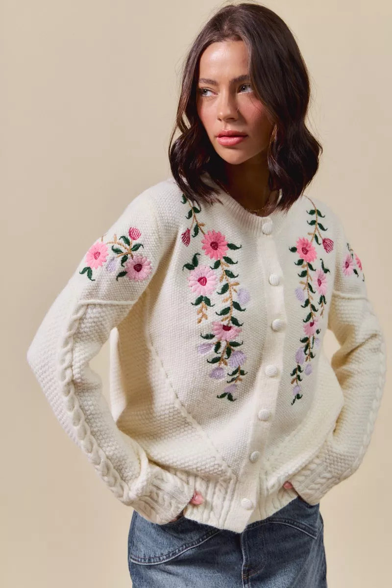SO ME Floral Embroidered Coquette Sweater Cardigan - Tigbul's Variety Fashion Shop