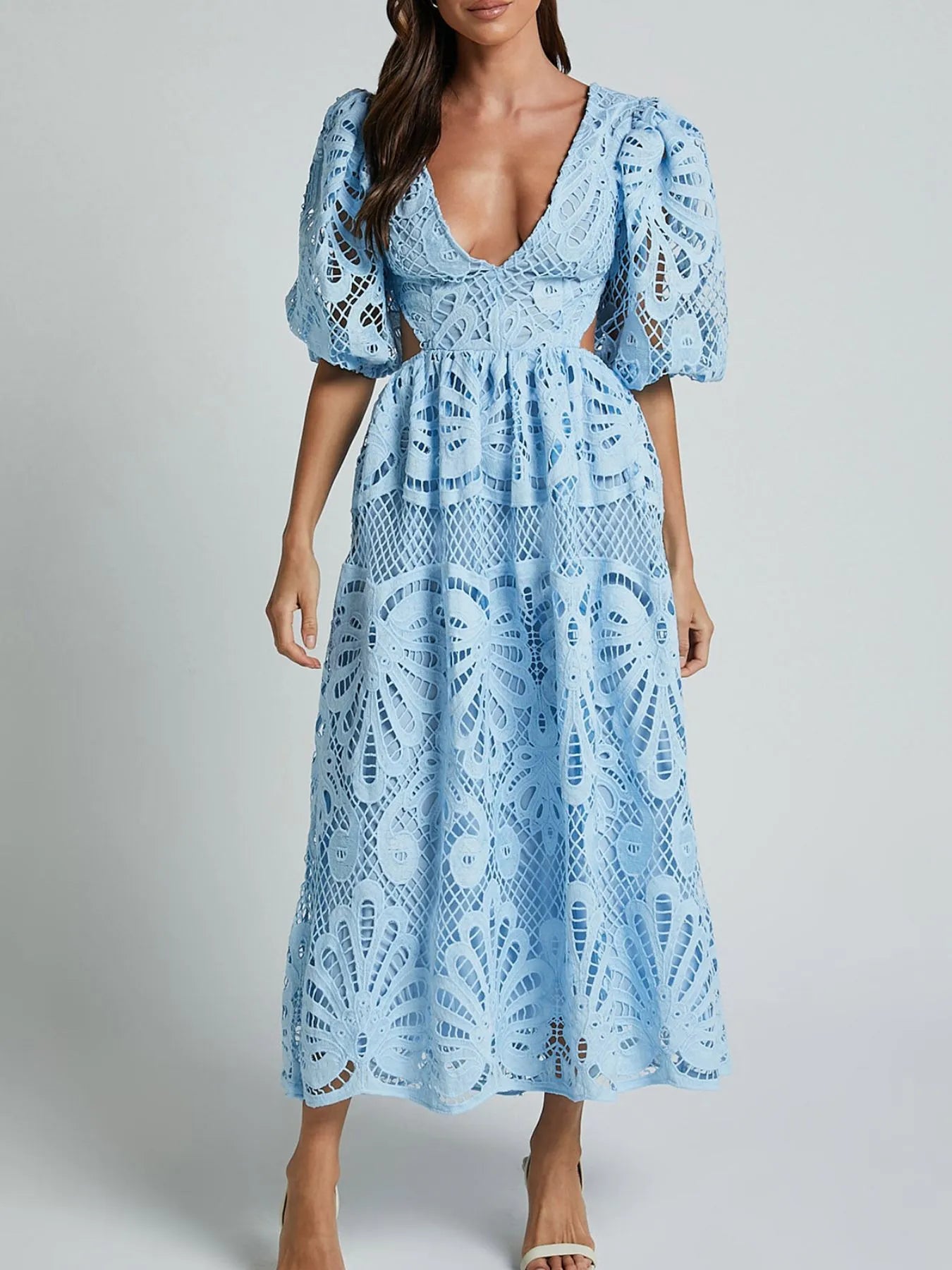 Cutout Back Lace Crochet V-Neck Dress - Tigbul's Variety Fashion Shop